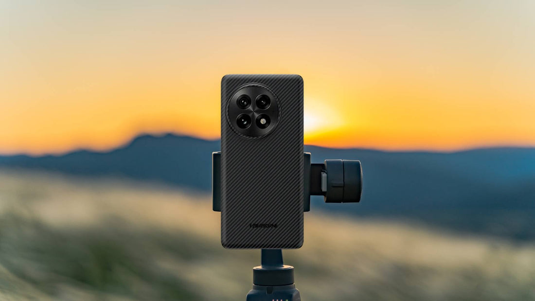 photo of OnePlus 13 in a Fiberborne super thin case mounted in a camera setup with sunset background