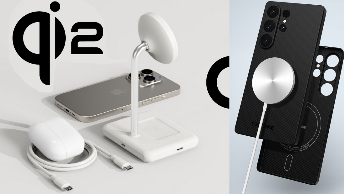 An image showcasing the Qi2 wireless charging standard. On the left, we see a white Qi2 charger with a flexible arm, charging an Apple iPhone and AirPods. On the right, a sleek black smartphone with a built-in Qi2 receiver is charging wirelessly.