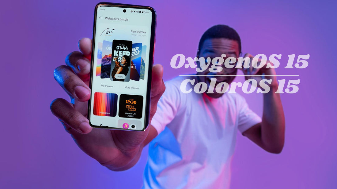 Young man in purple background holding a phone with OxygenOS 15 system update