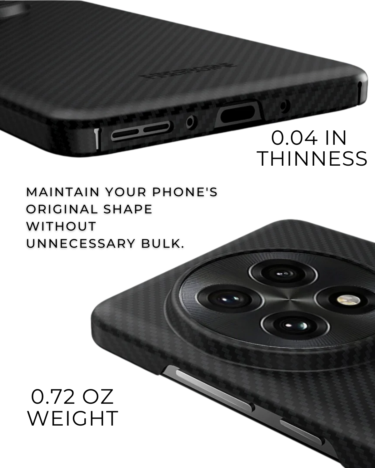 Close-up images of the top and bottom of a slim OnePlus 13 phone case, highlighting its design details.

