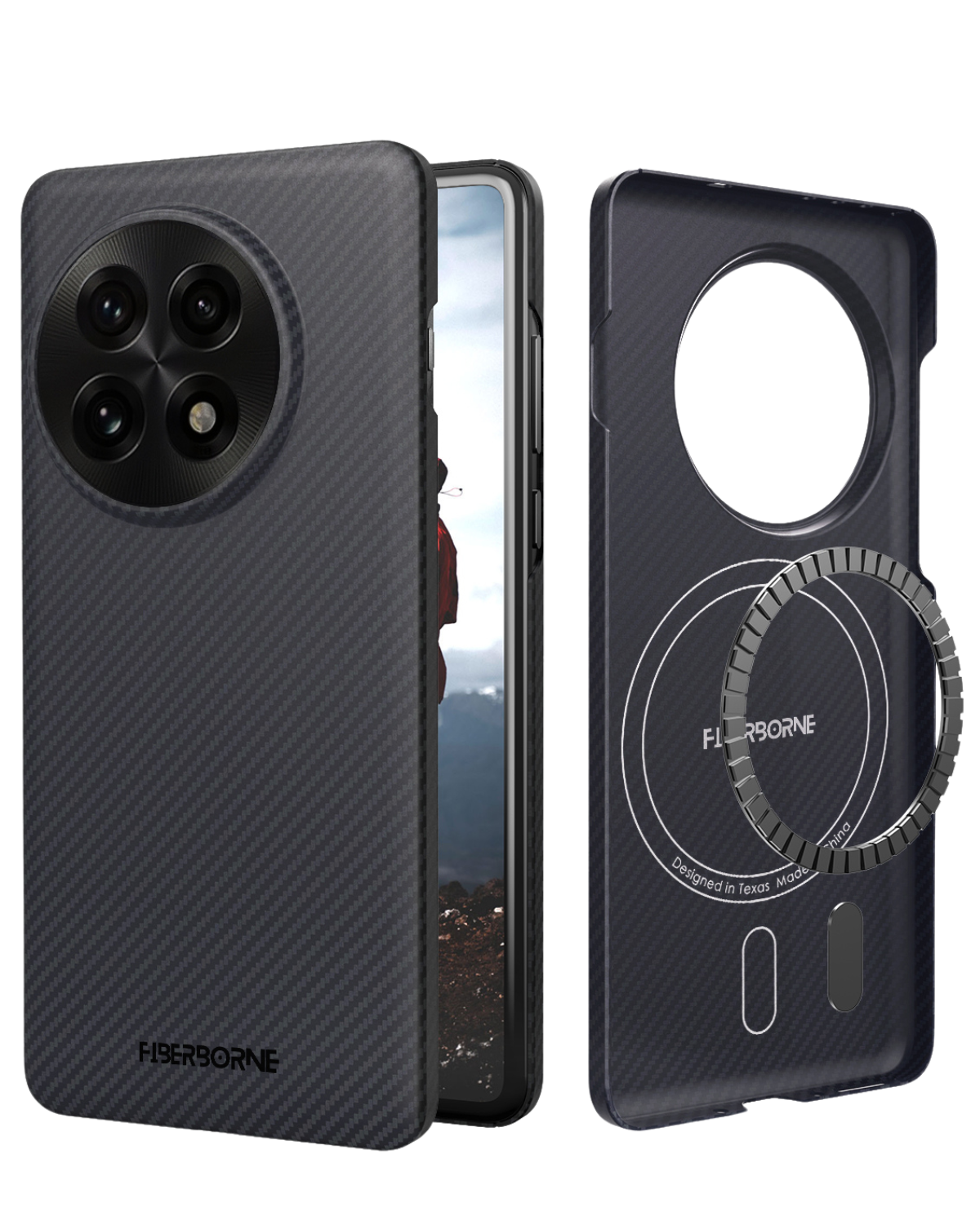 The photo highlights a slim, black phone case designed for the OnePlus 13. The case features a textured finish and a distinctive circular camera cutout.

