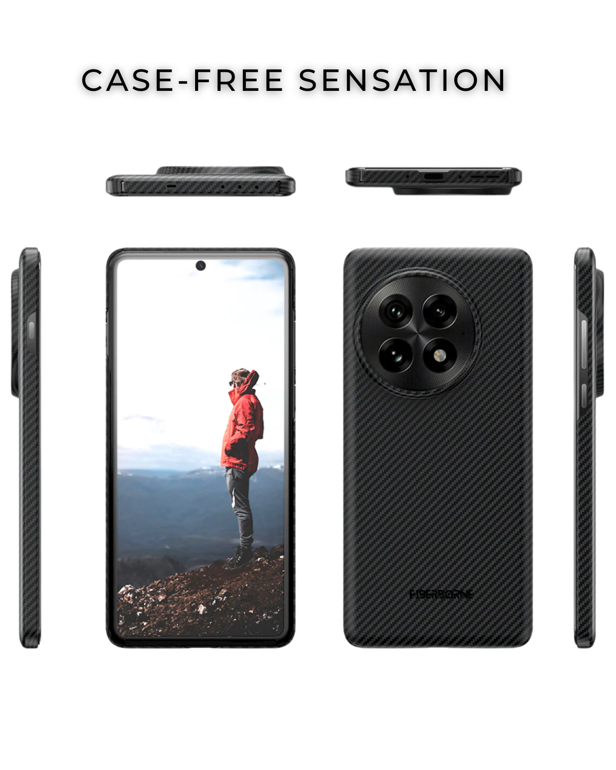 Six photos demonstrating the sleek design and protective features of a OnePlus 13 phone case, including camera cutouts, button covers, and MagSafe compatibility.

