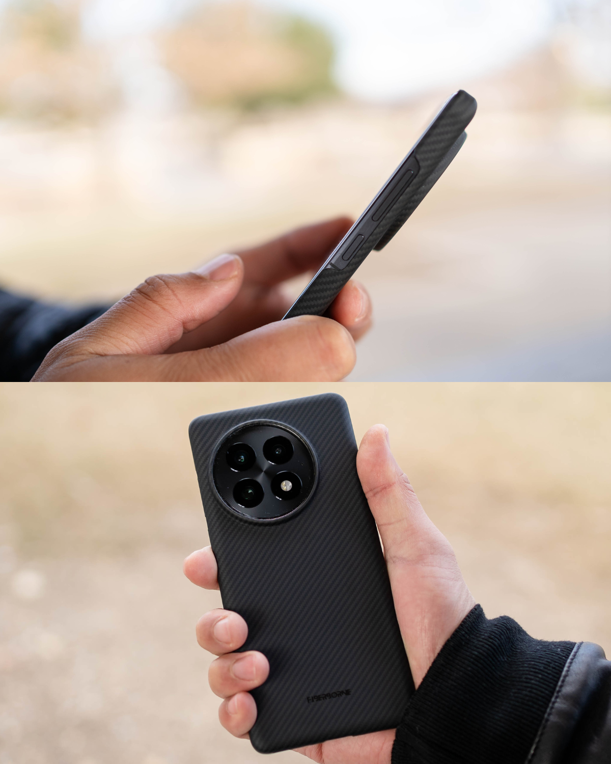 A close-up of a black OnePlus 13 phone case in a person's hand. The case has a circular camera cutout and a textured finish.
