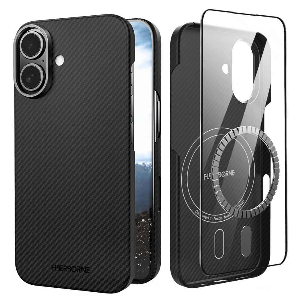 Black aramid fiber case for iPhone 16 Plus with a camera cutout