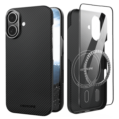 Black aramid fiber case for iPhone 16 Plus with a camera cutout