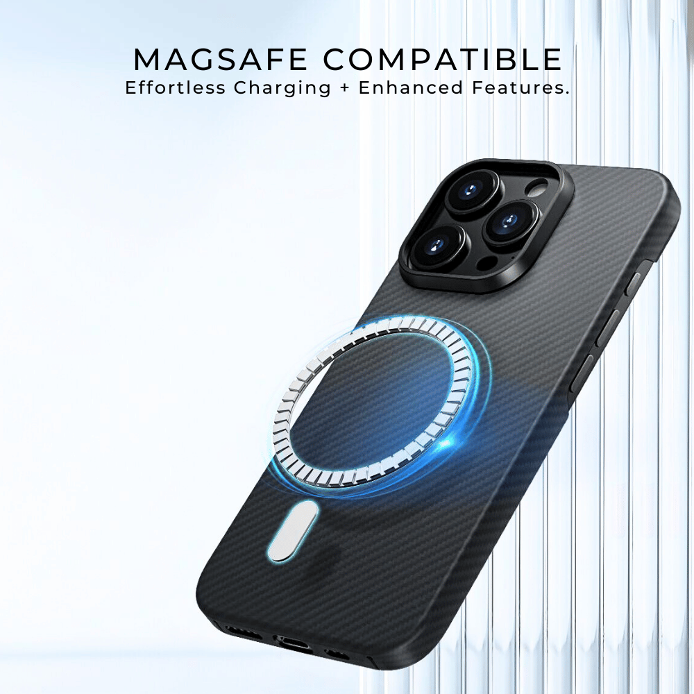 Black aramid fiber iPhone 16 Pro case with built-in MagSafe ring for wireless charging and accessory mounting