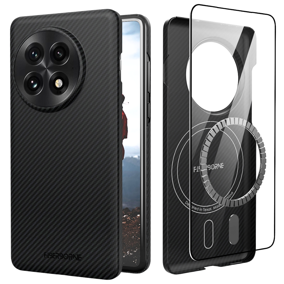 Black aramid fiber case for OnePlus 13 with a textured finish and a cutout for the camera module