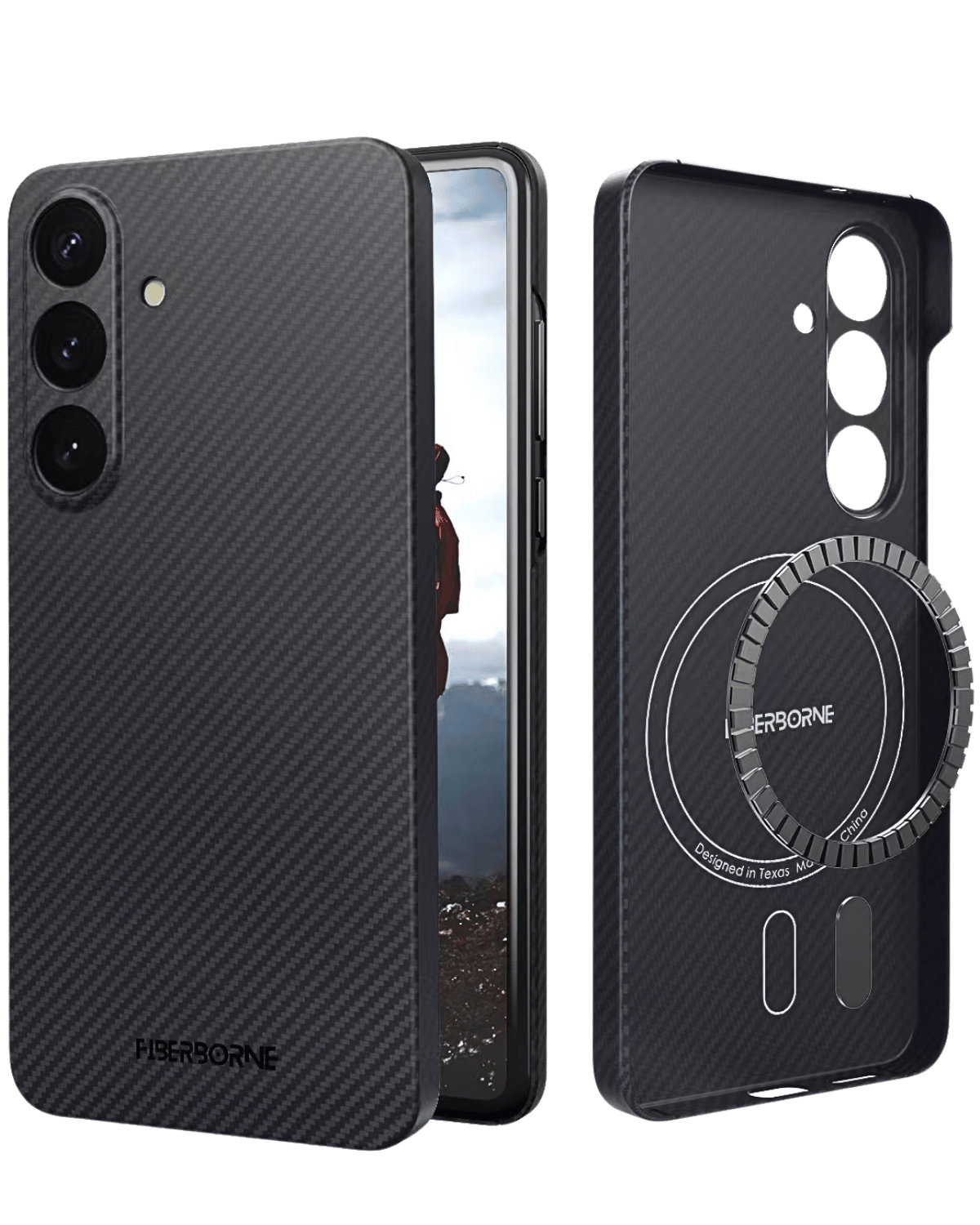 Close-up of the Samsung Galaxy S25 case made of aramid fiber, showcasing its super-thin design and precise cutouts for the camera and buttons