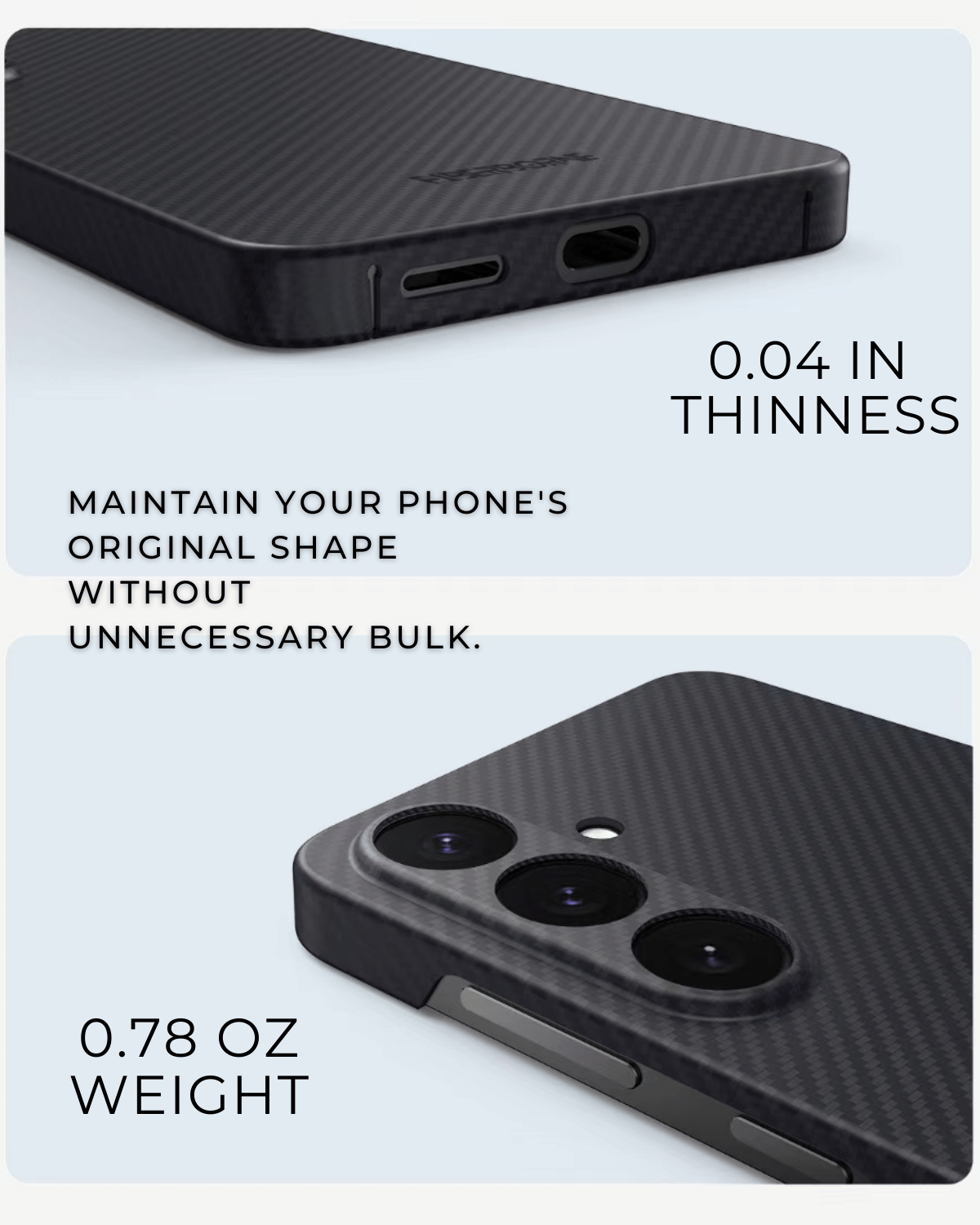 Detailed view of the Samsung Galaxy S25 case, emphasizing its ultra-thin 0.04-inch profile and lightweight 0.78 oz design for maintaining the phone’s original shape