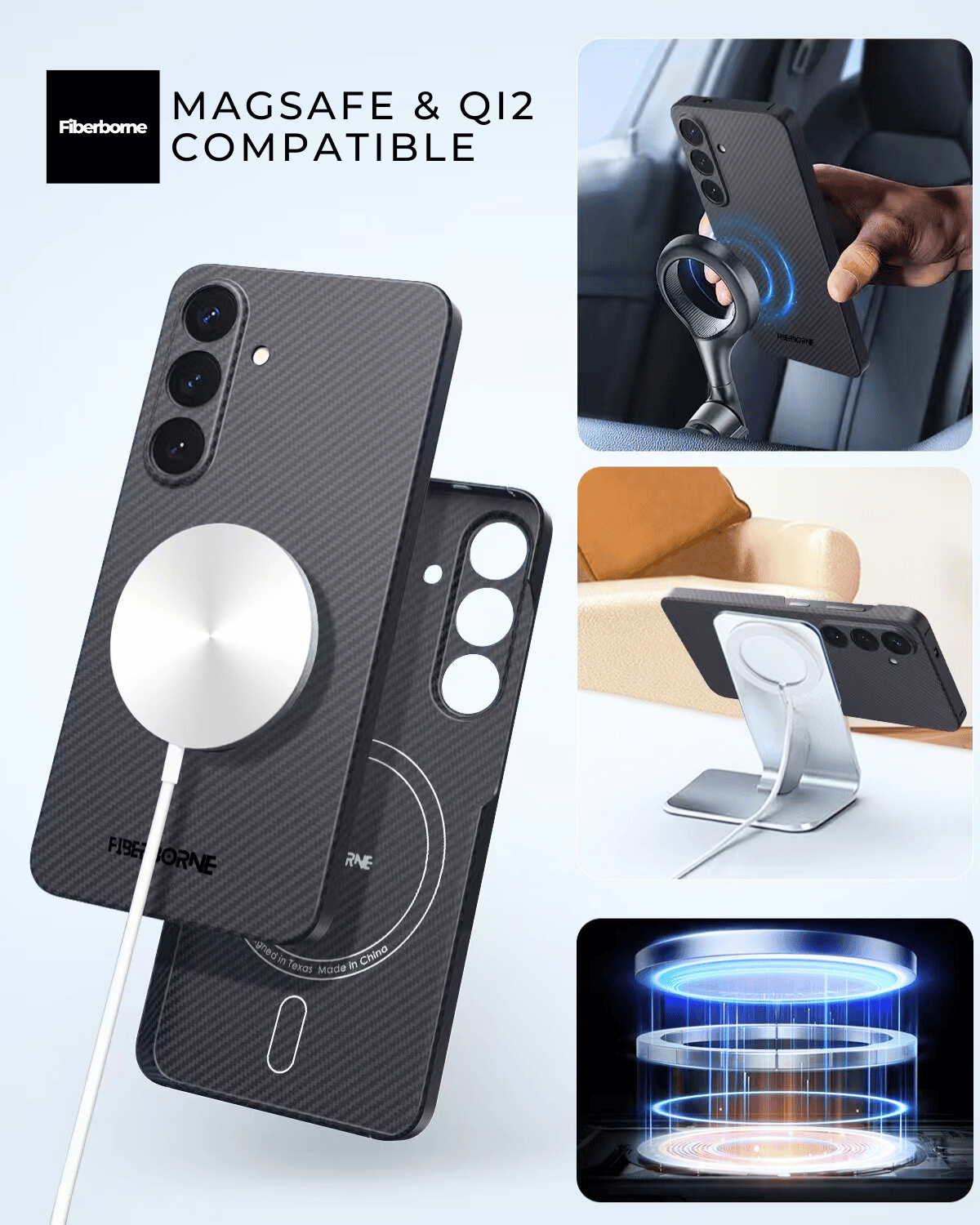 Samsung Galaxy S25 case demonstrating MagSafe and Qi2 wireless charging compatibility with examples of car mounts, desk stands, and wireless chargers in use.